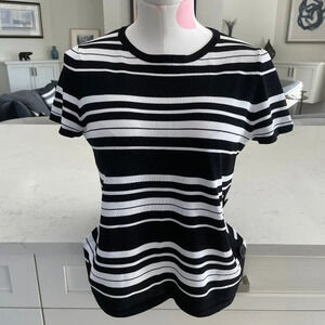 Rino Rossi Knits SS Crew Neck Rayon & Nylon Striped Knit Top Black + White Sz M